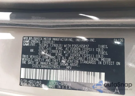 2006 Toyota Sequoia Limited V8 z USA, uszkodzony, nr VIN 5TDZT38A66S279053